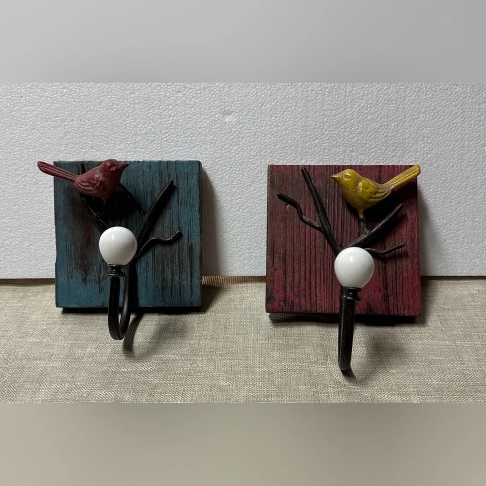 Rustic Bird Wall Hooks - Blue and Red